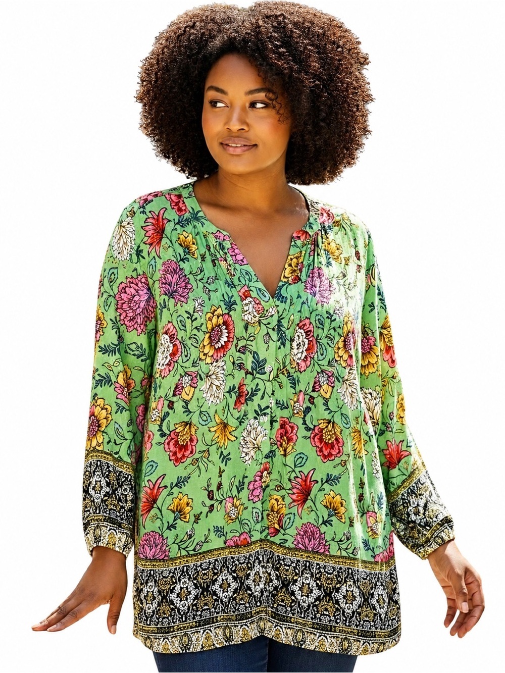 FIGUEROA & Flower Floral bohemian pleated blouse size XL. Green with pink white